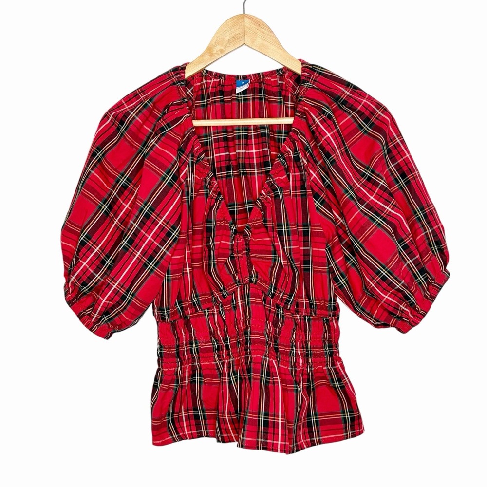 Old Navy Tartan Plaid Puff Sleeve Top Womens M Preppy Holiday Heritage Peplum
